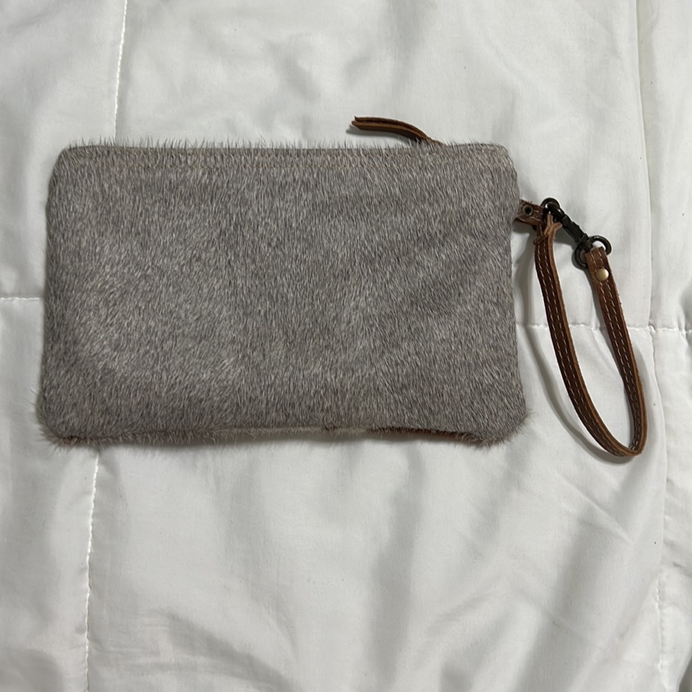 Cow Hair & Genuine Leather Myra Bag Lined Pouch Wristlet With Strap and Zipper - Picture 3 of 8